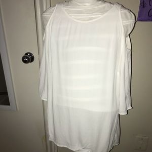 peep shoulder sheer white top with 3/4 sleeves